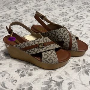 G by Guess Tan & Gold Logo Heeled Wedges
